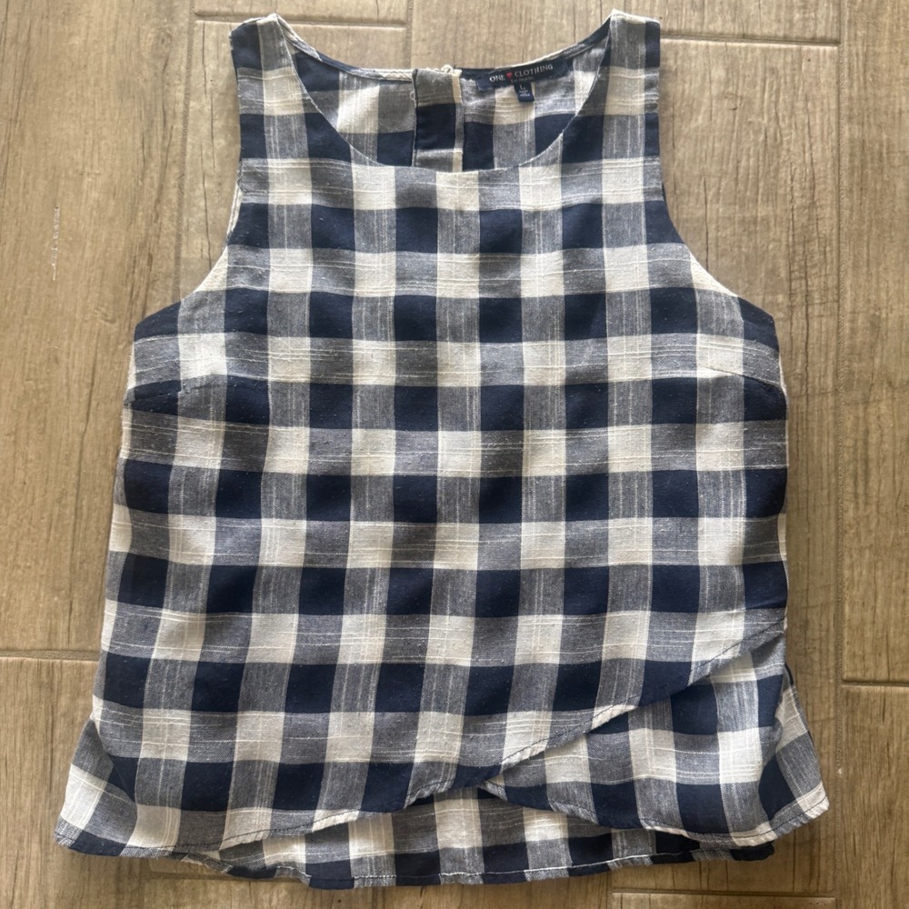 One Clothing Navy Blue White Gingham Plaid Tulip Hem Sleeveless Tank Top Large